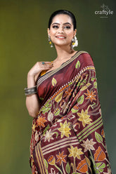 Wine berry lotus design hand kantha embroidery silk saree maroon silk saree adorned intricate 2