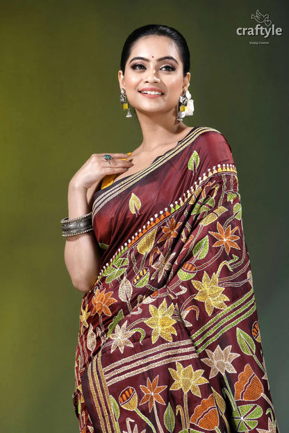 Wine berry lotus design hand kantha embroidery silk saree maroon silk saree adorned intricate 2