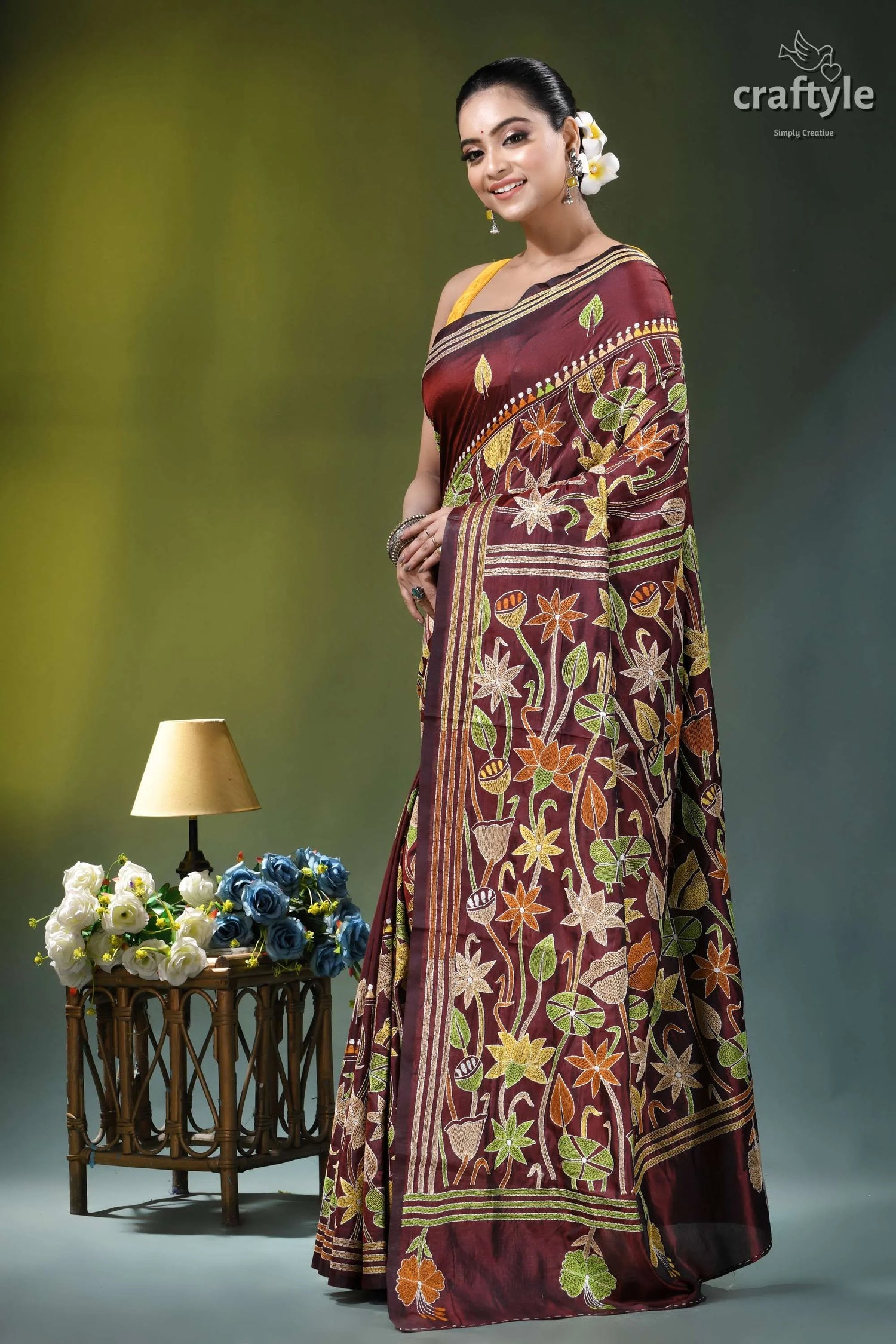 Wine berry lotus design hand kantha embroidery silk saree maroon silk saree intricate floral 3