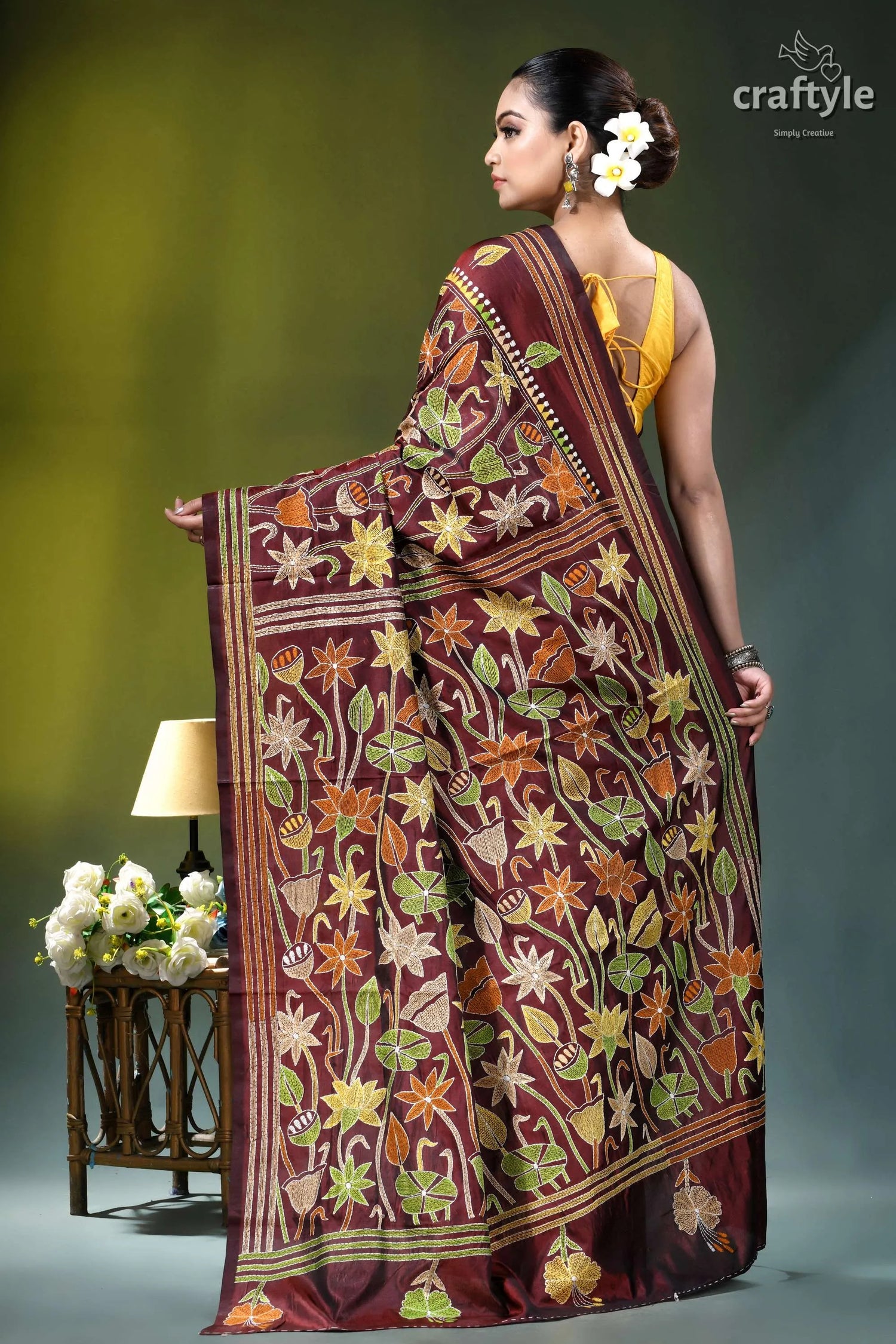 Wine berry lotus design hand kantha embroidery silk saree maroon silk saree intricate floral 5