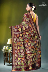 Wine berry lotus design hand kantha embroidery silk saree maroon silk saree intricate floral 5