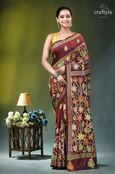 Wine berry lotus design hand kantha embroidery silk saree maroon silk saree intricate floral 6