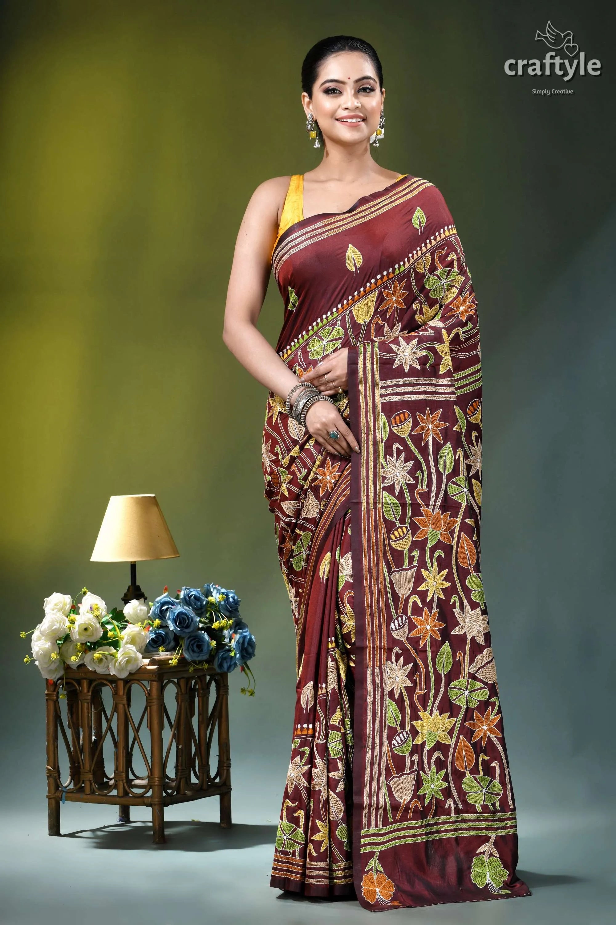 Wine berry lotus design hand kantha embroidery silk saree maroon silk saree intricate floral 6