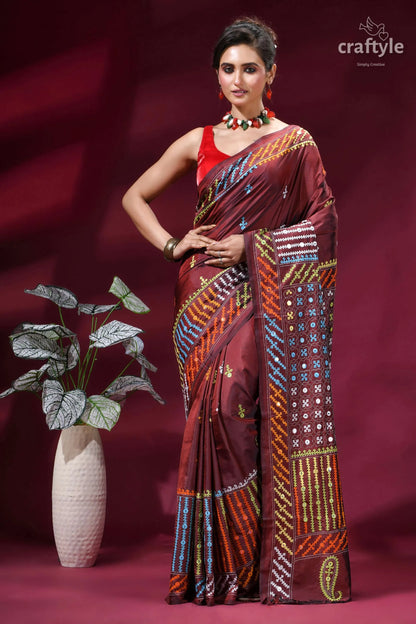 Wine berry multi-thread hand kutch embroidery silk saree - mirror detailing maroon silk saree intricate geometric 1
