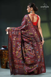 Wine berry peacock motif elegant silk kantha stitch saree maroon saree intricate floral bird 5