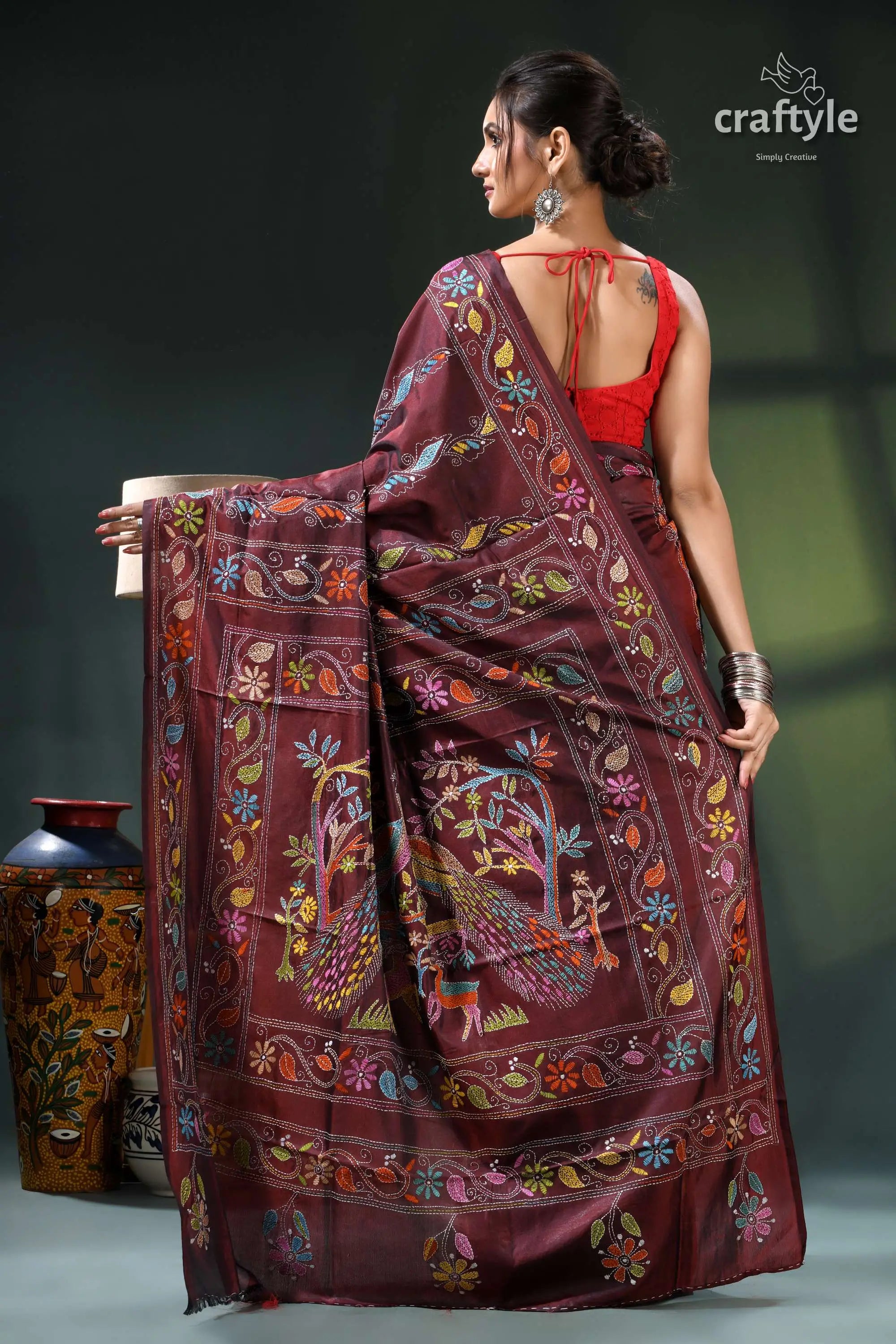 Wine berry peacock motif elegant silk kantha stitch saree maroon saree intricate floral bird 5