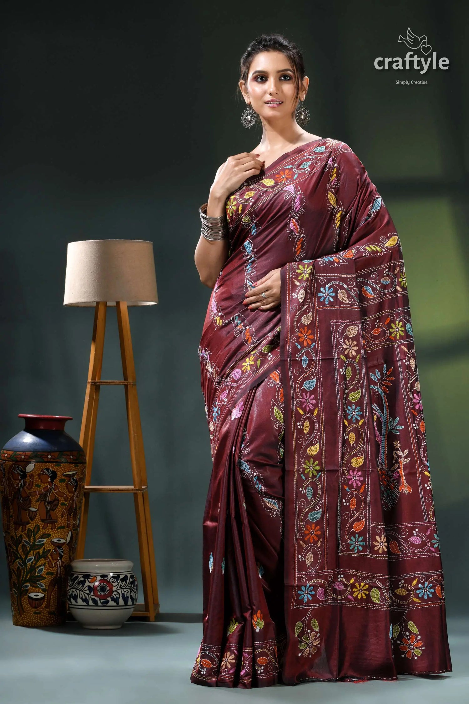 Wine berry peacock motif elegant silk kantha stitch saree maroon saree intricate floral embroidery 6