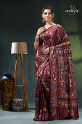 Wine berry peacock motif elegant silk kantha stitch saree maroon saree intricate floral embroidery 6
