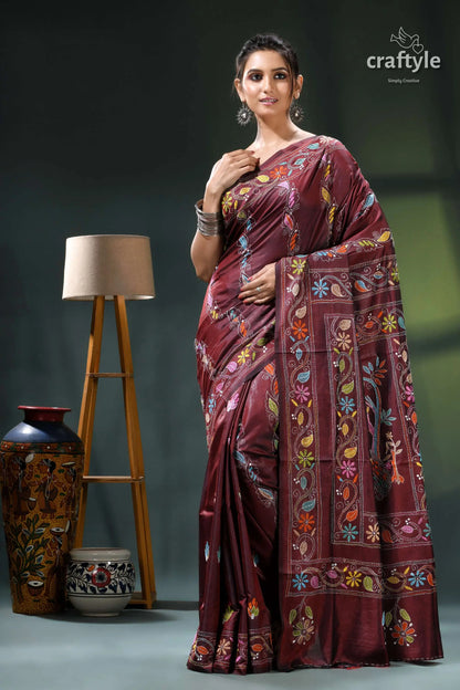 Wine berry peacock motif elegant silk kantha stitch saree maroon saree intricate floral embroidery 6