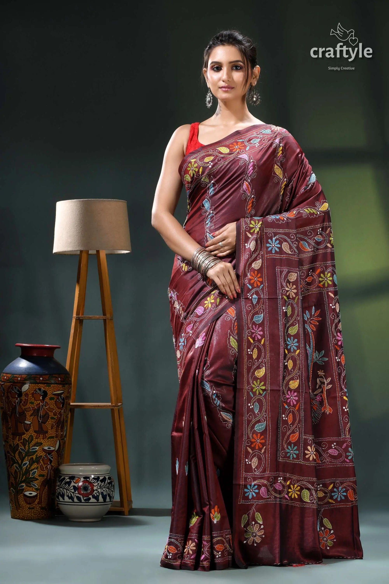 Wine berry peacock motif elegant silk kantha stitch saree maroon saree intricate floral embroidery 1