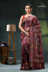 Wine berry peacock motif elegant silk kantha stitch saree maroon saree intricate floral embroidery 1