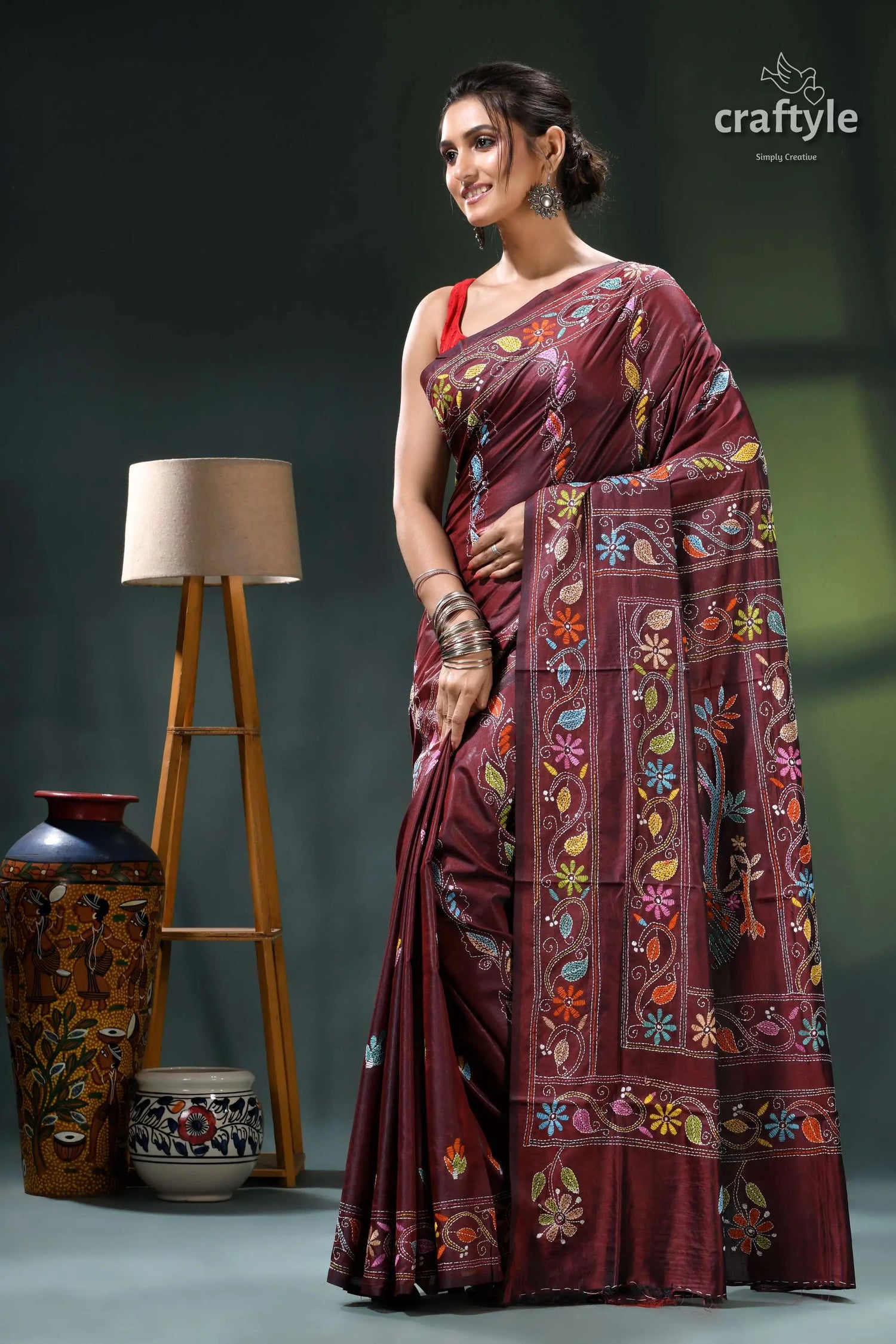 Wine berry peacock motif elegant silk kantha stitch saree maroon saree floral embroidery silk 3