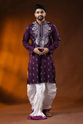 Wine berry pure cotton punjabi for men with geometric floral kantha work 7