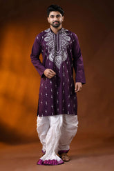 Wine berry pure cotton punjabi for men with geometric floral kantha work 4
