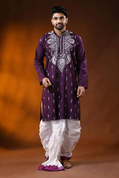 Wine berry pure cotton punjabi for men with geometric floral kantha work 1