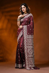 Wine berry silk gujarati stitch saree with handcrafted geometric design 6