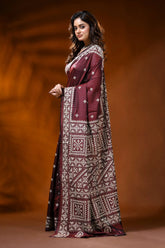 Wine berry silk gujarati stitch saree with handcrafted geometric design 3