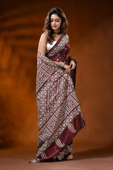 Wine berry silk gujarati stitch saree with handcrafted geometric design 4