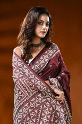 Wine berry silk gujarati stitch saree with handcrafted geometric design 2