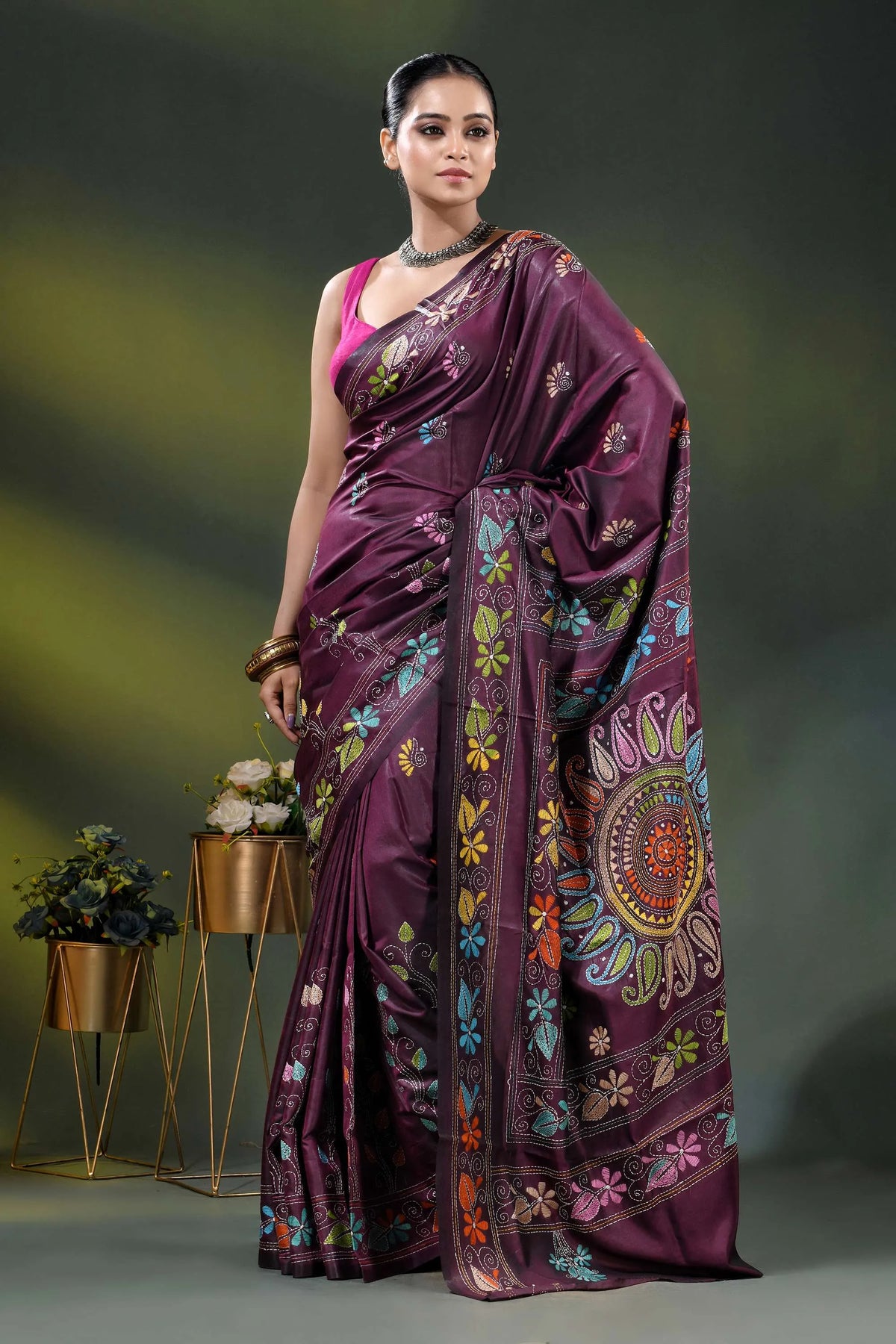 Wine berry silk kantha stitch saree with multicolor floral paisley motif 4