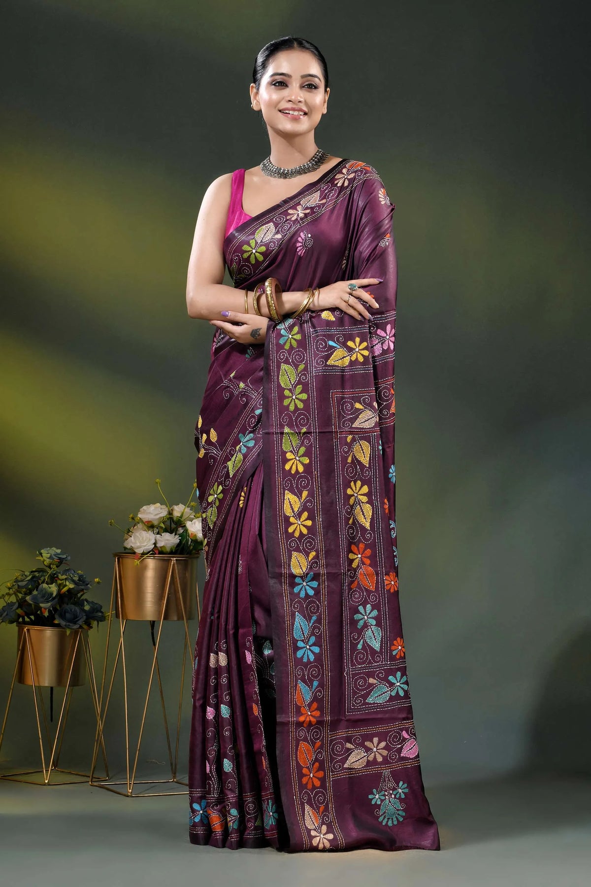Wine berry silk kantha stitch saree with multicolor floral paisley motif 1