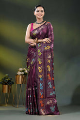 Wine berry silk kantha stitch saree with multicolor floral paisley motif 1