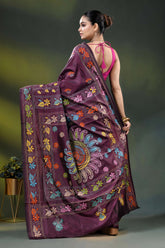Wine berry silk kantha stitch saree with multicolor floral paisley motif 3