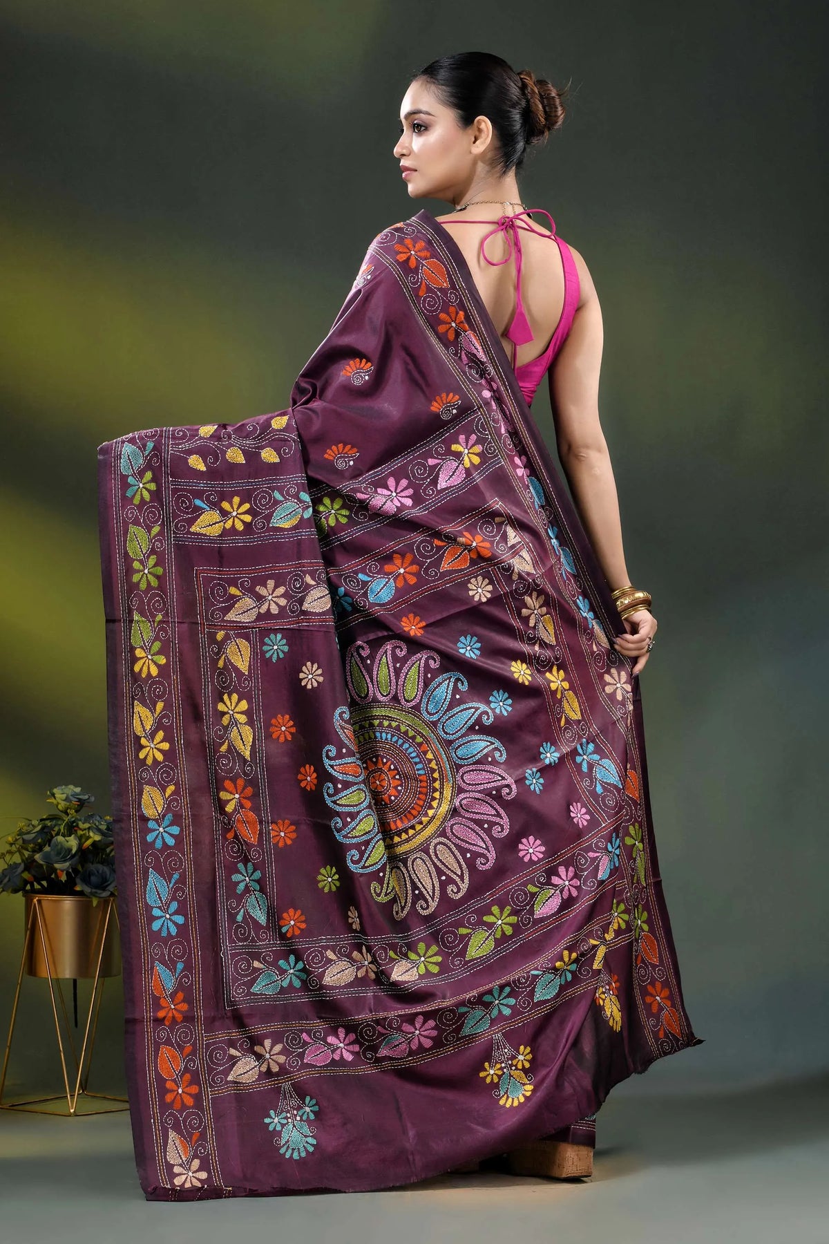 Wine berry silk kantha stitch saree with multicolor floral paisley motif 3