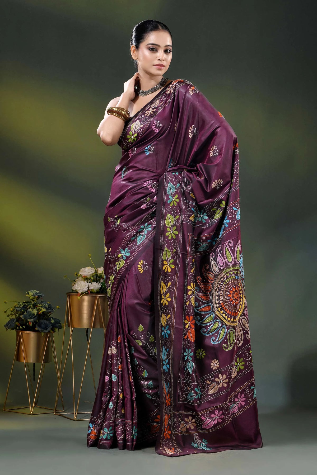 Wine berry silk kantha stitch saree with multicolor floral paisley motif 5