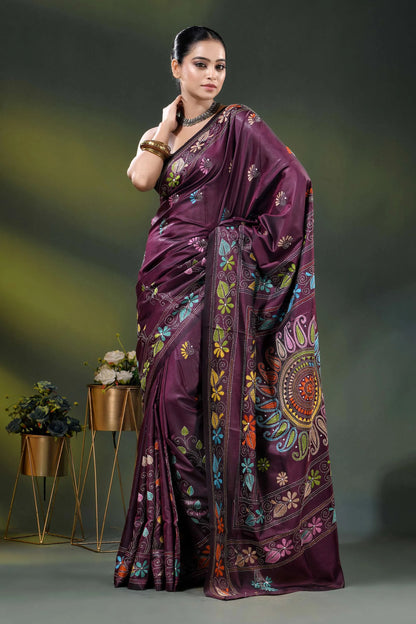 Wine berry silk kantha stitch saree with multicolor floral paisley motif 5