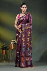 Wine berry silk kantha stitch saree with multicolor floral paisley motif 6