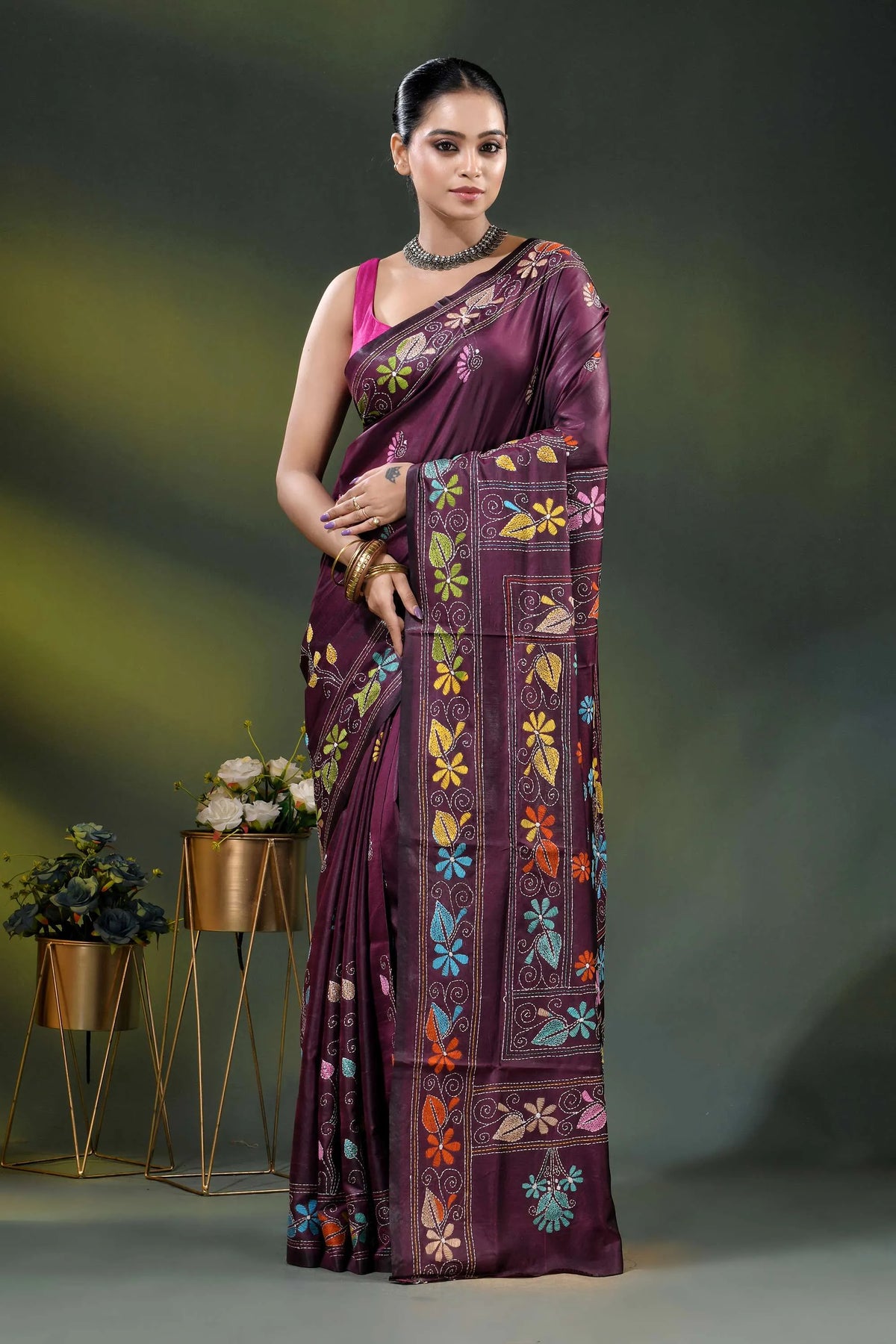 Wine berry silk kantha stitch saree with multicolor floral paisley motif 6