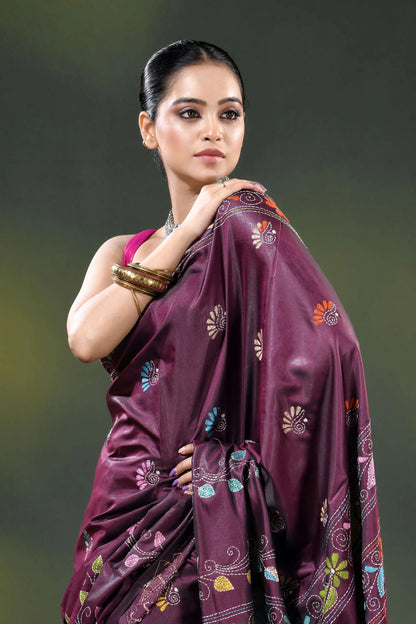 Wine berry silk kantha stitch saree with multicolor floral paisley motif 2