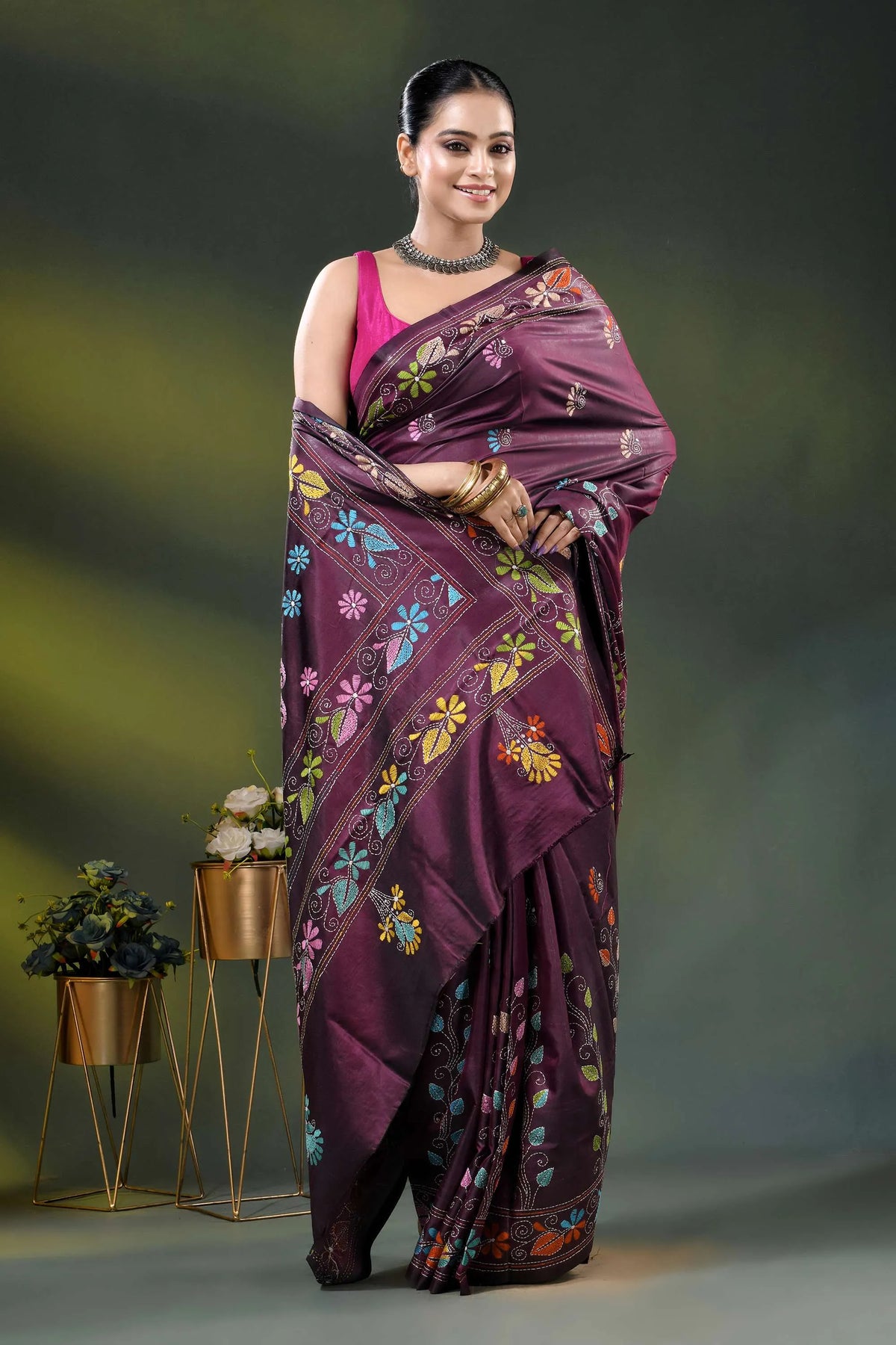Wine berry silk kantha stitch saree with multicolor floral paisley motif 8