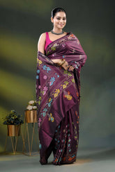Wine berry silk kantha stitch saree with multicolor floral paisley motif 8