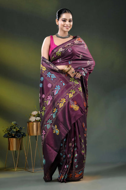 Wine berry silk kantha stitch saree with multicolor floral paisley motif 8
