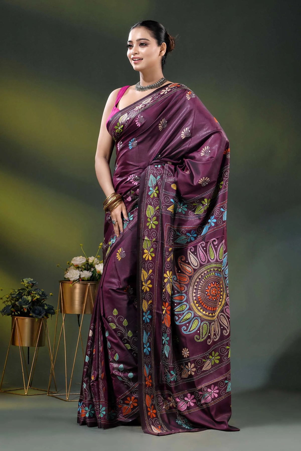 Wine berry silk kantha stitch saree with multicolor floral paisley motif 7