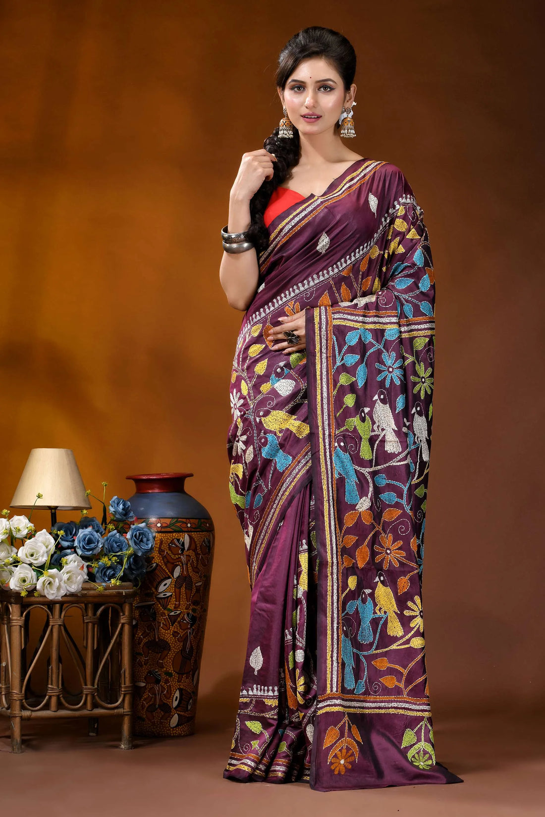 Wine bird motif multicolor thread handcrafted kantha silk saree richly embroidered purple saree vibrant 2