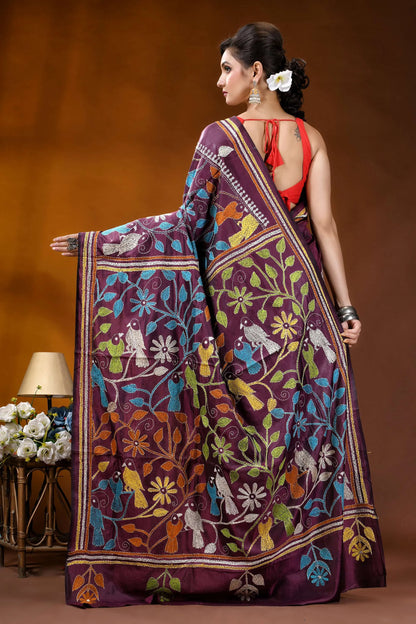 Wine bird motif multicolor thread handcrafted kantha silk saree vibrant purple saree adorned intricate 4