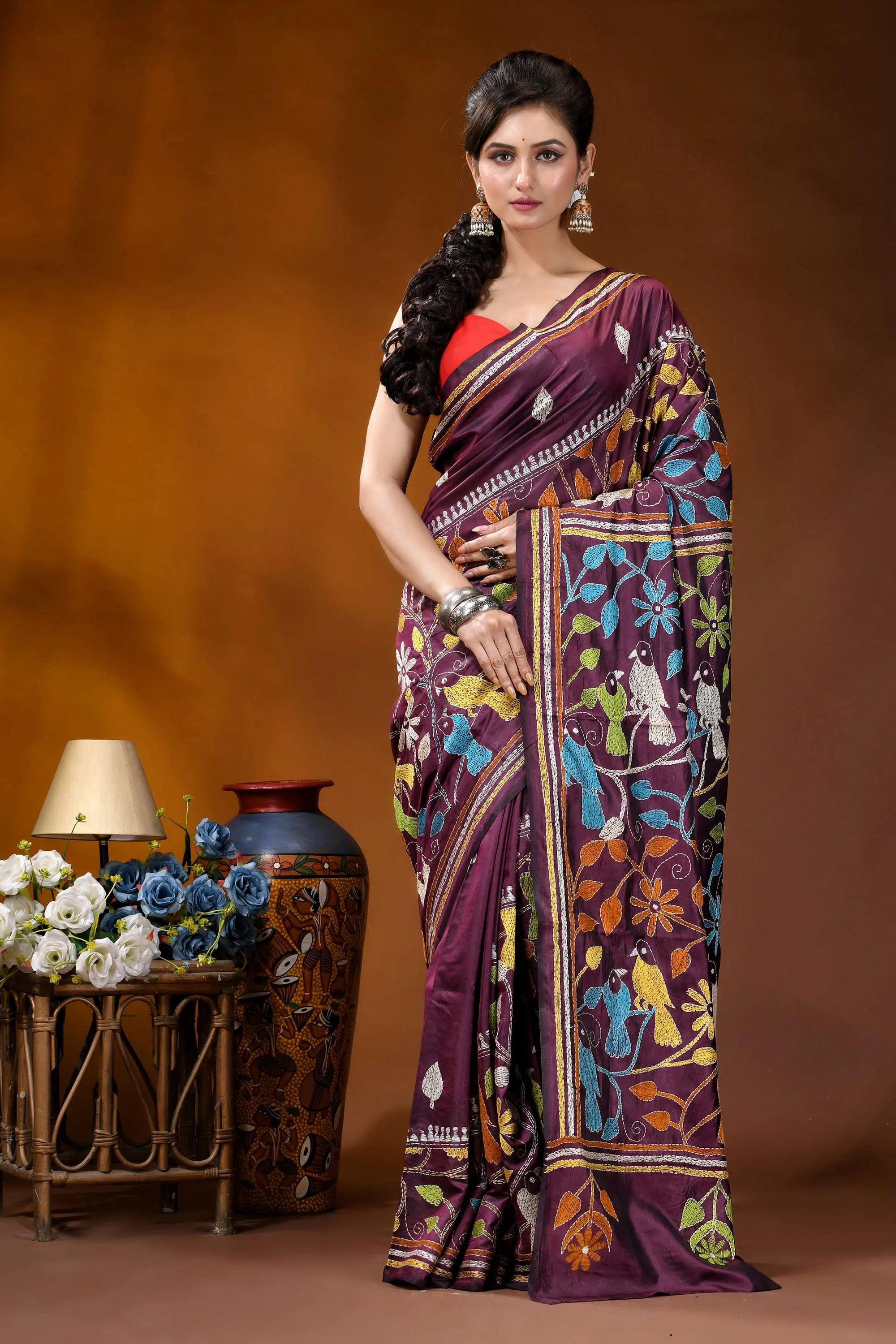 Wine bird motif multicolor thread handcrafted kantha silk saree vibrant purple saree adorned intricate 1
