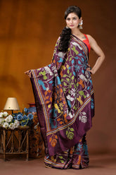 Wine bird motif multicolor thread handcrafted kantha silk saree vibrant purple saree adorned intricate 5