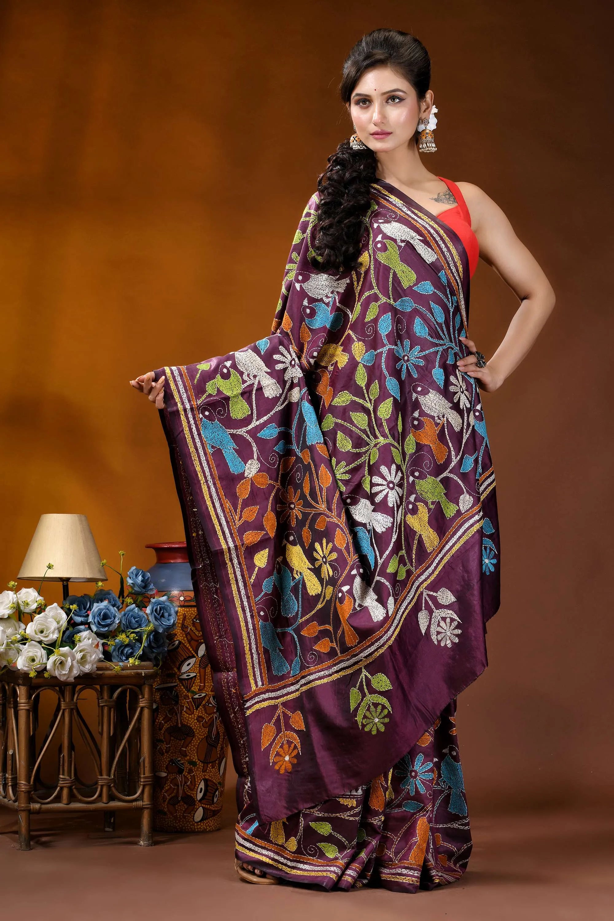 Wine bird motif multicolor thread handcrafted kantha silk saree vibrant purple saree adorned intricate 5