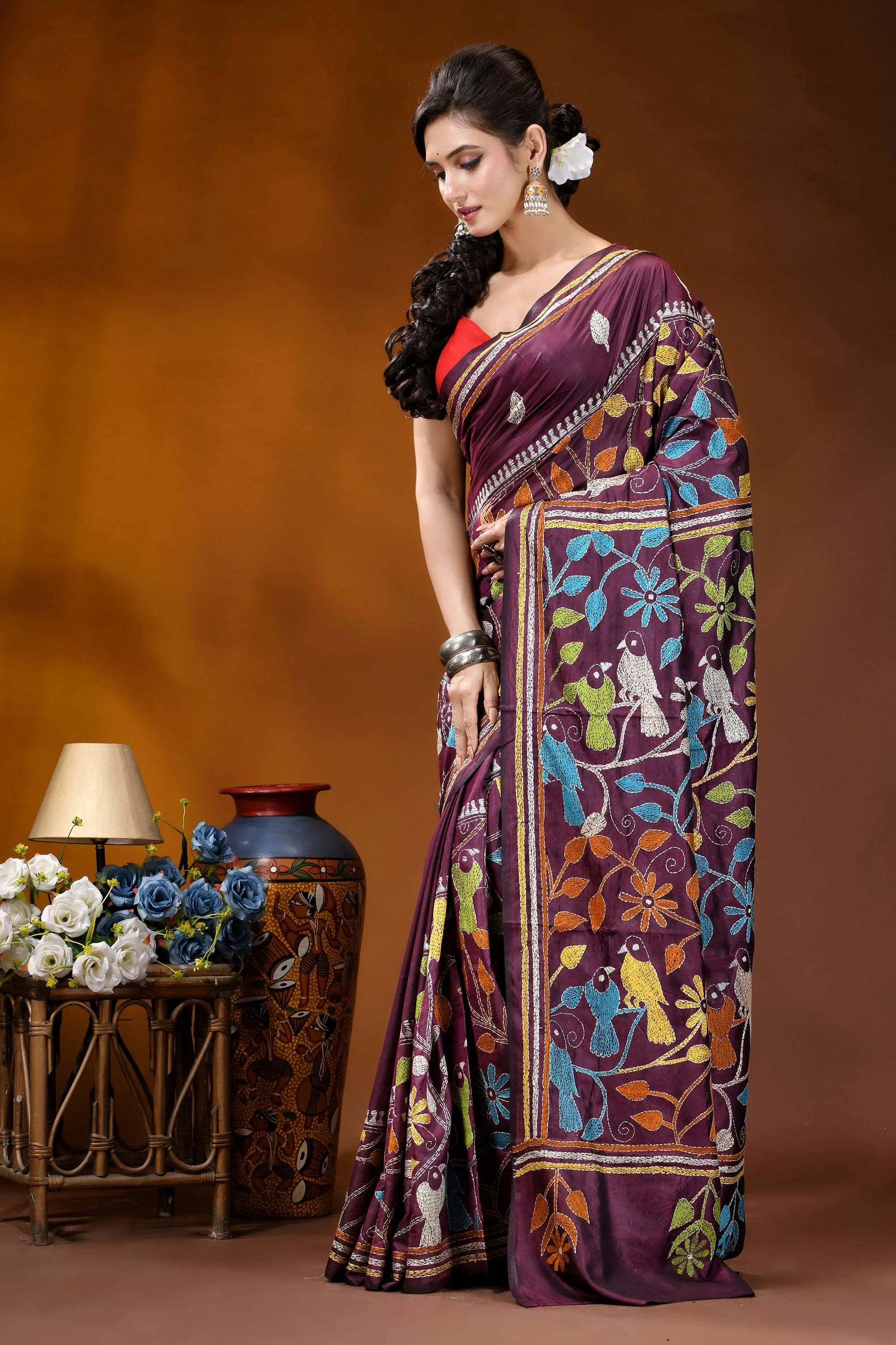 Wine bird motif multicolor thread handcrafted kantha silk saree vibrant purple saree adorned intricate 3