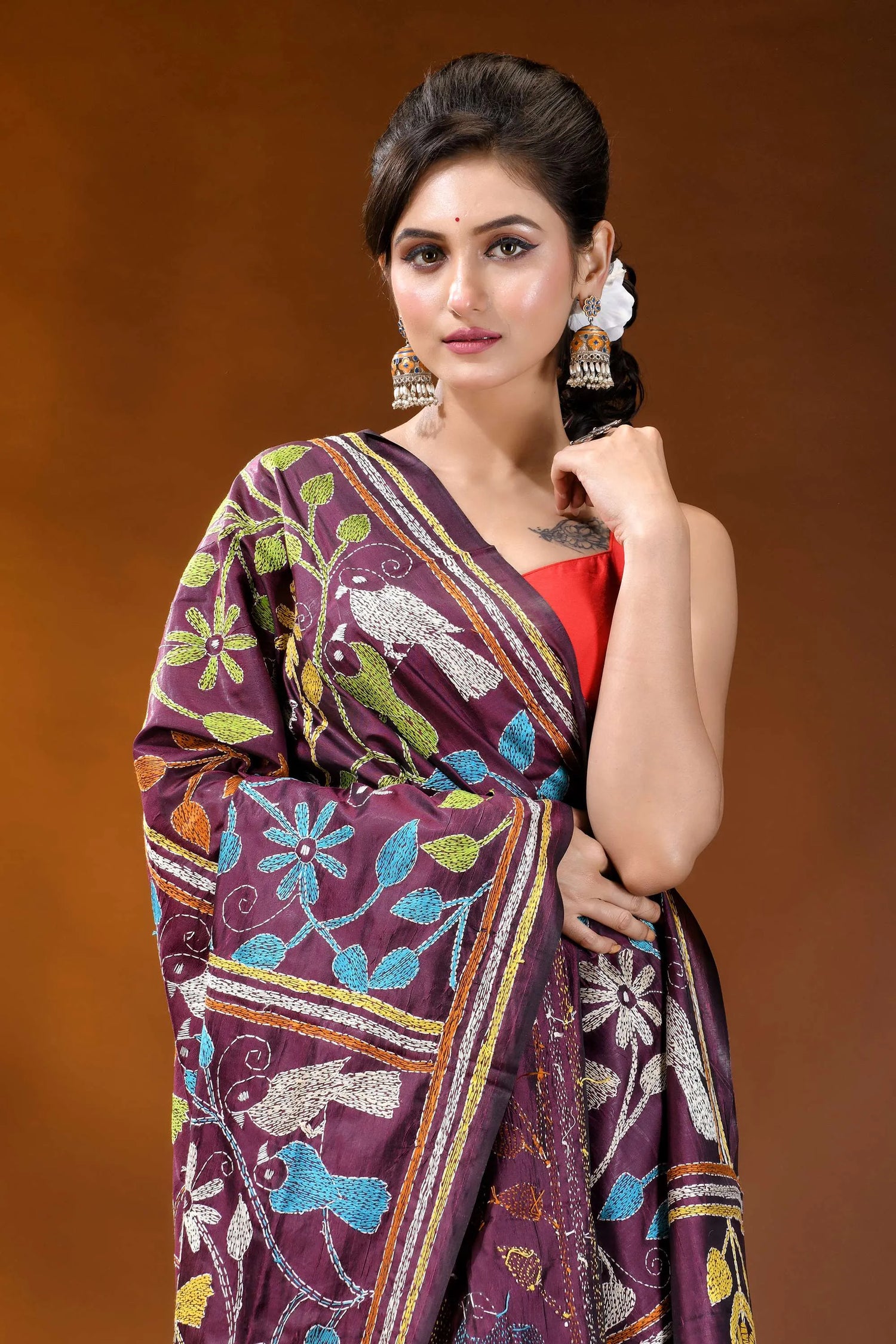 Wine bird motif multicolor thread handcrafted kantha silk saree vibrant purple saree adorned intricate 6