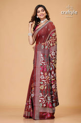Wine Brown Multithread Floral Kantha Stitch Saree - Craftyle