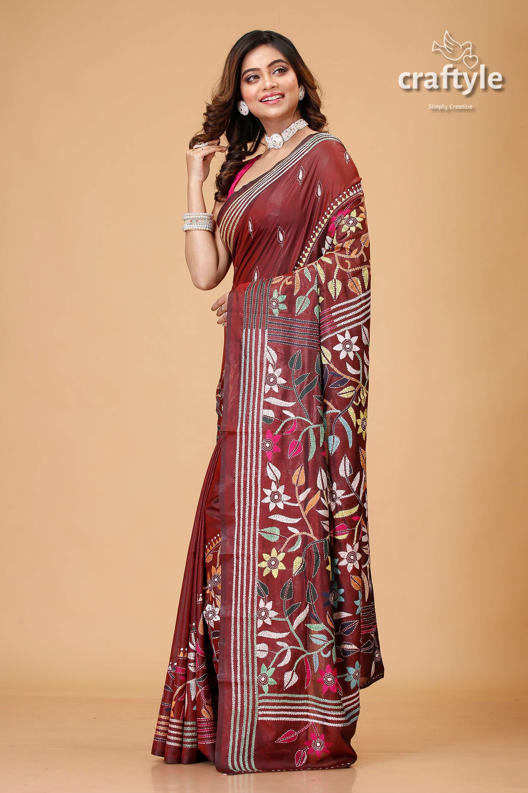 Wine Brown Multithread Floral Kantha Stitch Saree - Craftyle