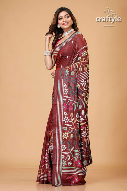 Wine Brown Multithread Floral Kantha Stitch Saree - Craftyle