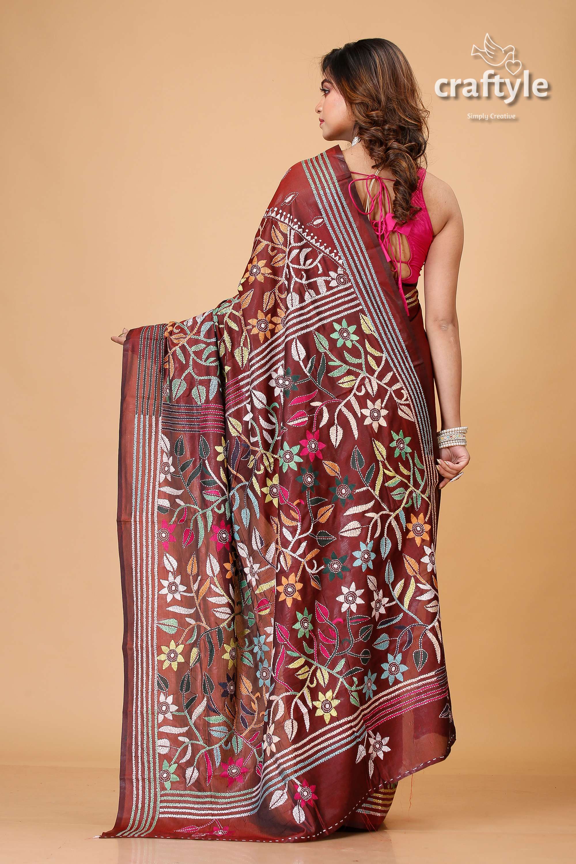 Wine Brown Multithread Floral Kantha Stitch Saree - Craftyle