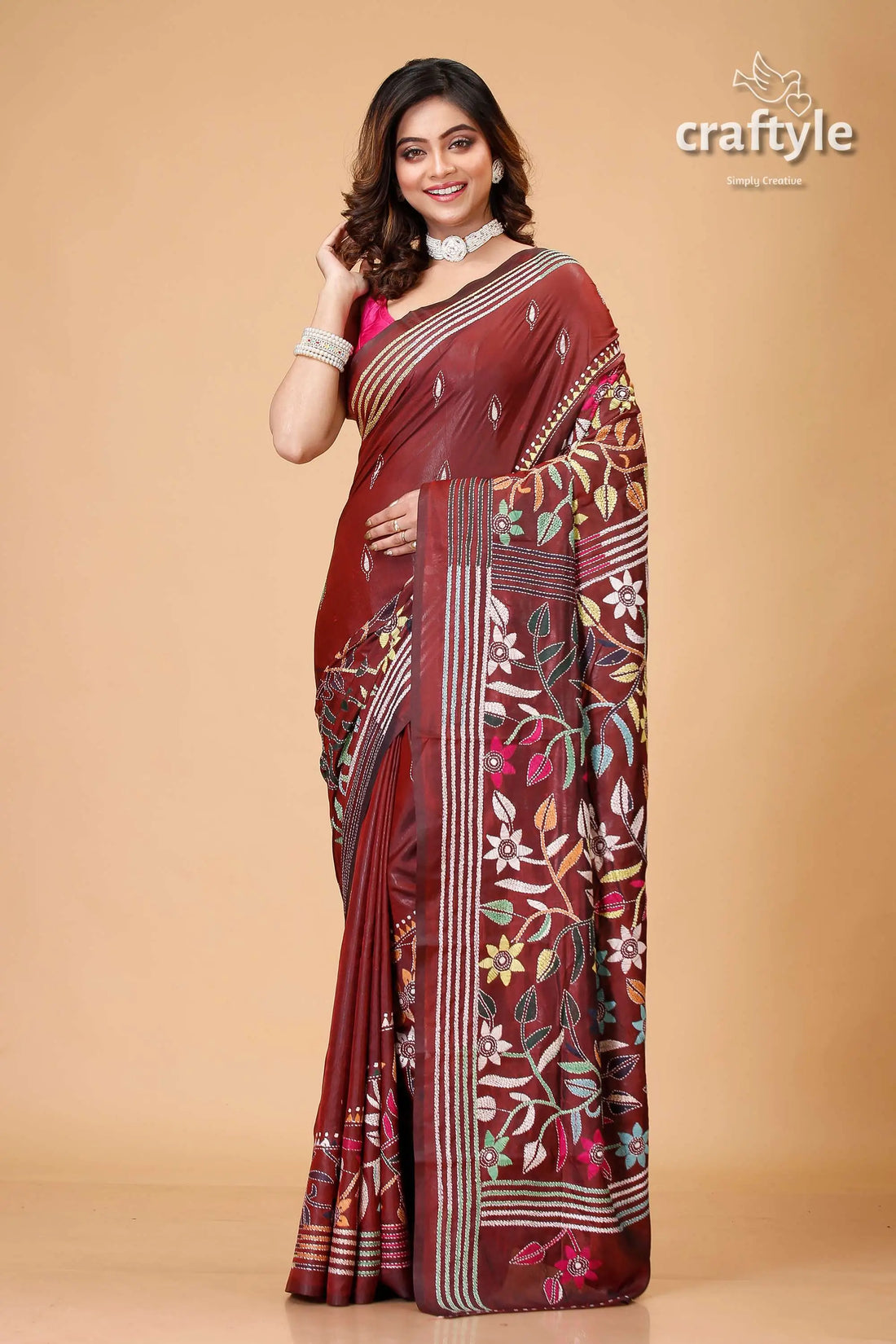 Wine brown multithread floral kantha stitch saree maroon floral embroidered saree 1
