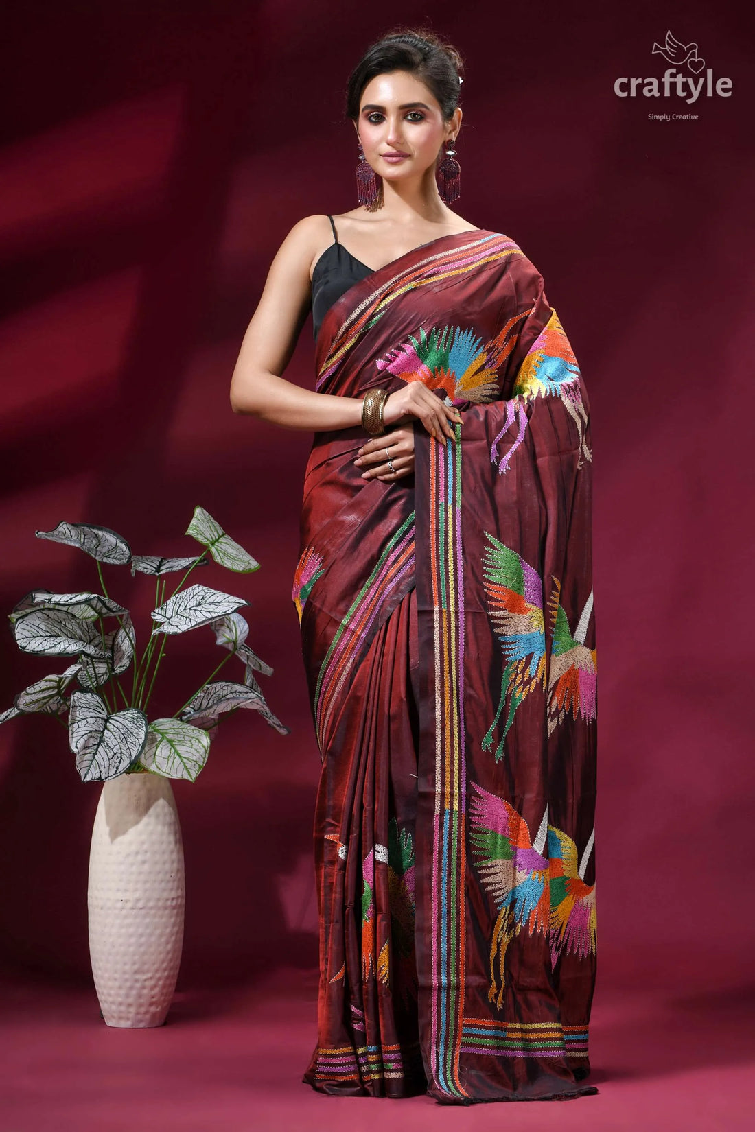 Wine color multicolor heron design silk kantha stitch saree maroon silk saree adorned vibrant 1